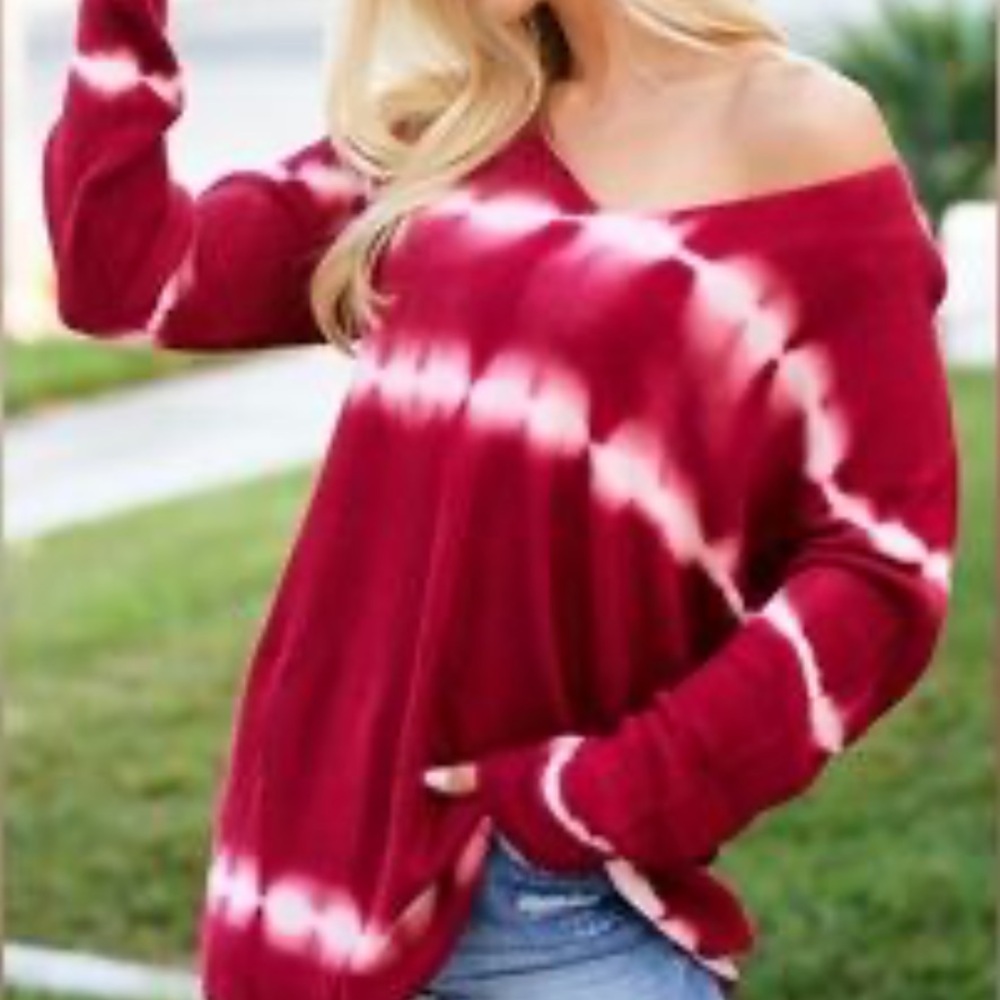 Macaron by Bibi Pink Striped Tie Dye Vneck Long Sleeve Size S